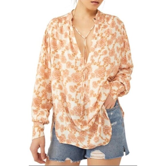 FREE PEOPLE Mia Tunic Top Sz M Pink Beige Floral VNeck Tie Front Viscose Woven - Picture 1 of 16